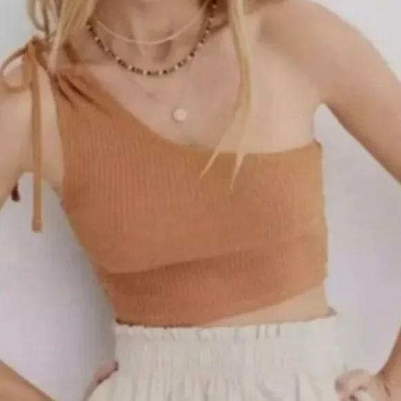 Aerie Tank Top Women's Cropped One Shoulder Tie Ribbed Playful Boho Beige XL - Picture 8 of 9